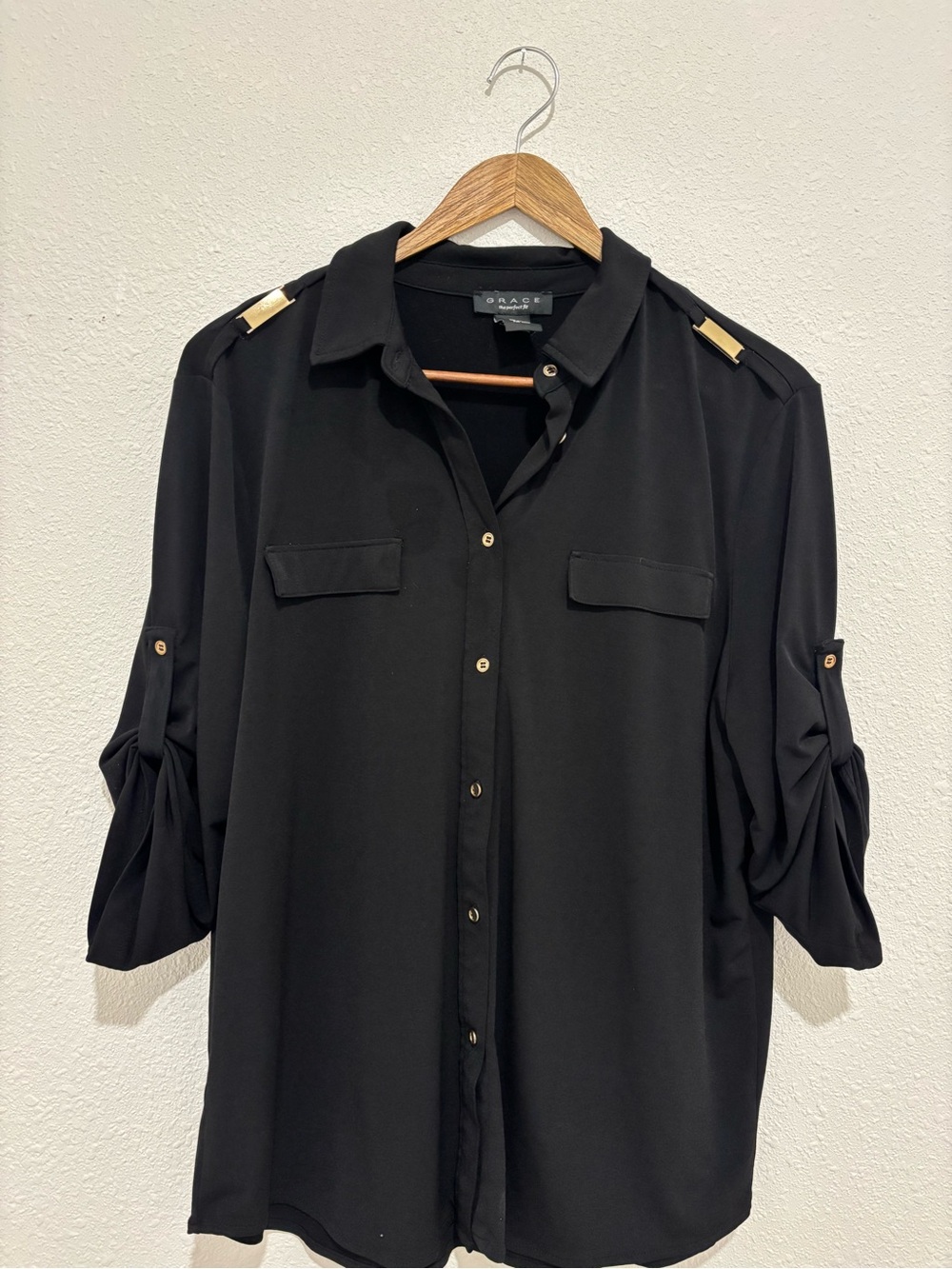Grace Elements Black Button-Down Shirt with Gold Epaulet Accents